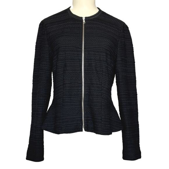 Rebecca Taylor Textured Knit Zipper Front Peplum Hem Womens Jacket 6 Black - Picture 2 of 12